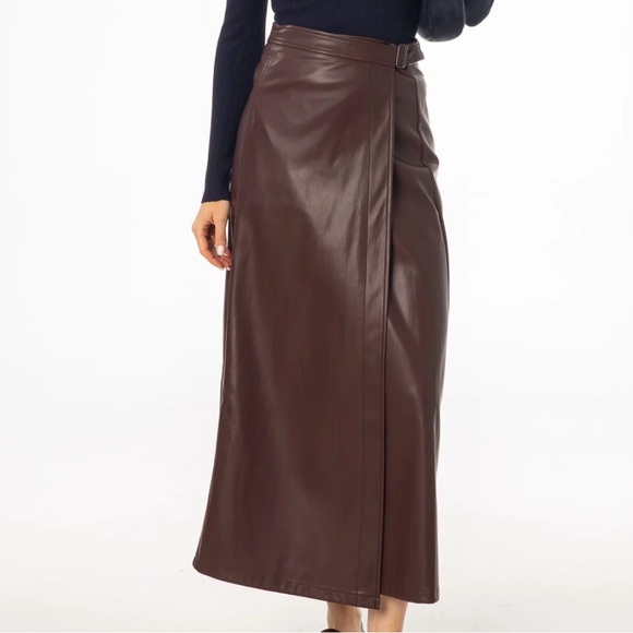 Burgundy Wrap Vegan Leather Maxi Skirt - Picture 2 of 3